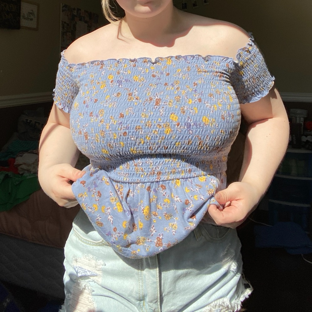 Blue Summer Floral Off The Shoulder Top